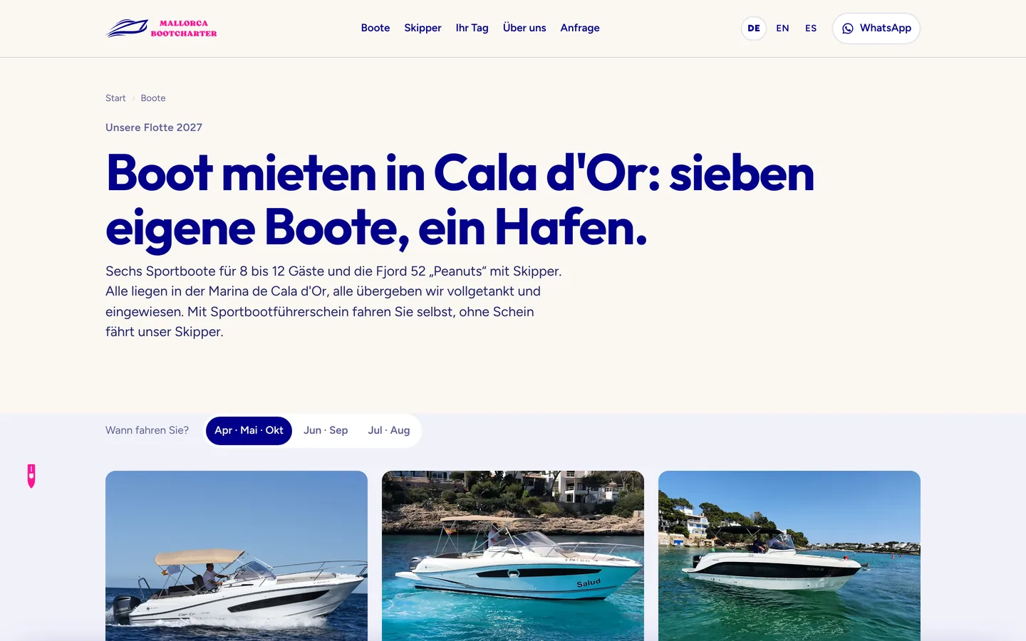 Flottenübersicht: Boot mieten in Cala d'Or, sieben eigene Boote, ein Hafen, mit Saisonschalter