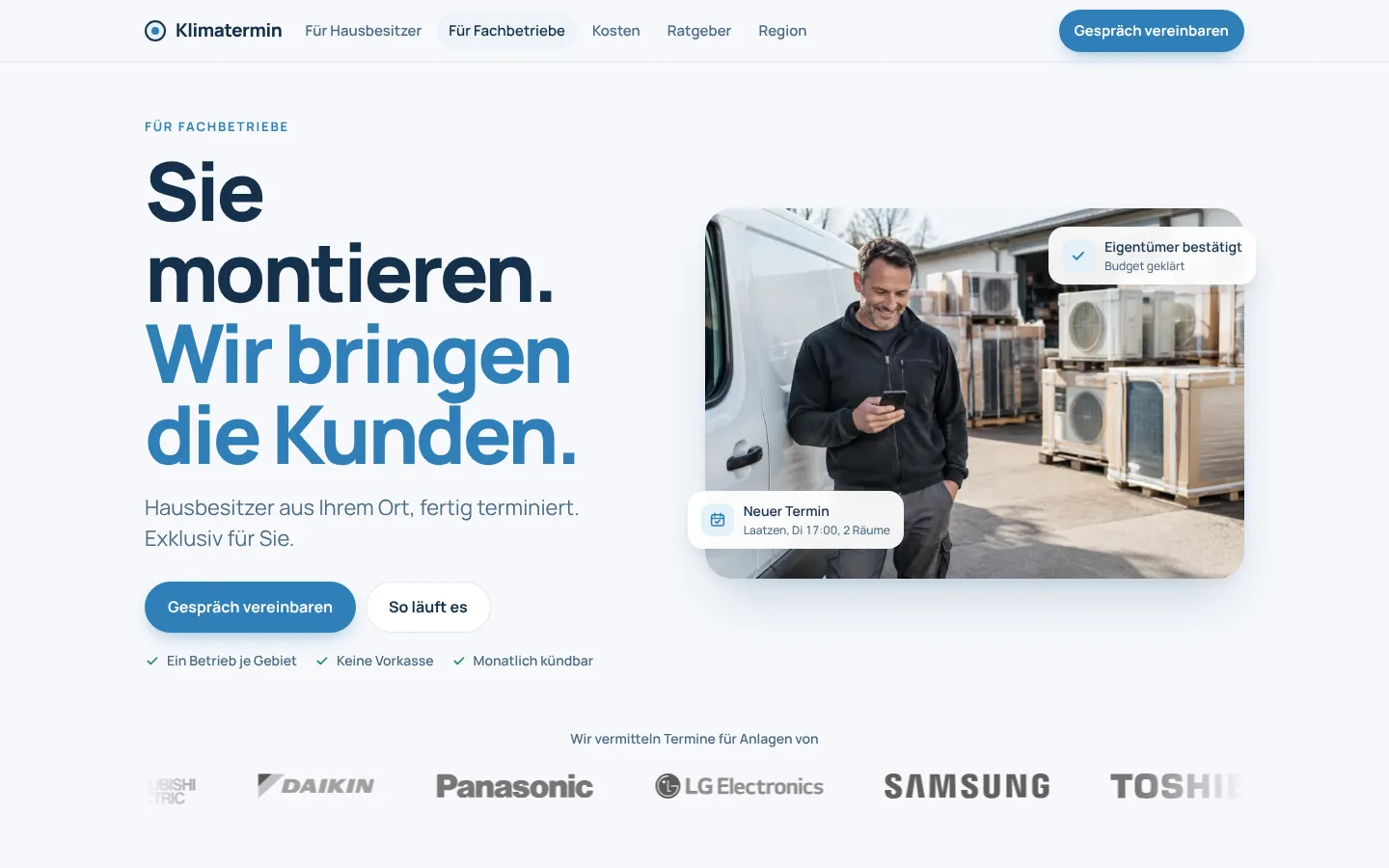 Seite für Fachbetriebe: Sie montieren. Wir bringen die Kunden.