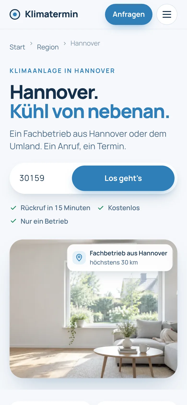 Stadtseite Hannover auf dem Handy mit Postleitzahlfeld