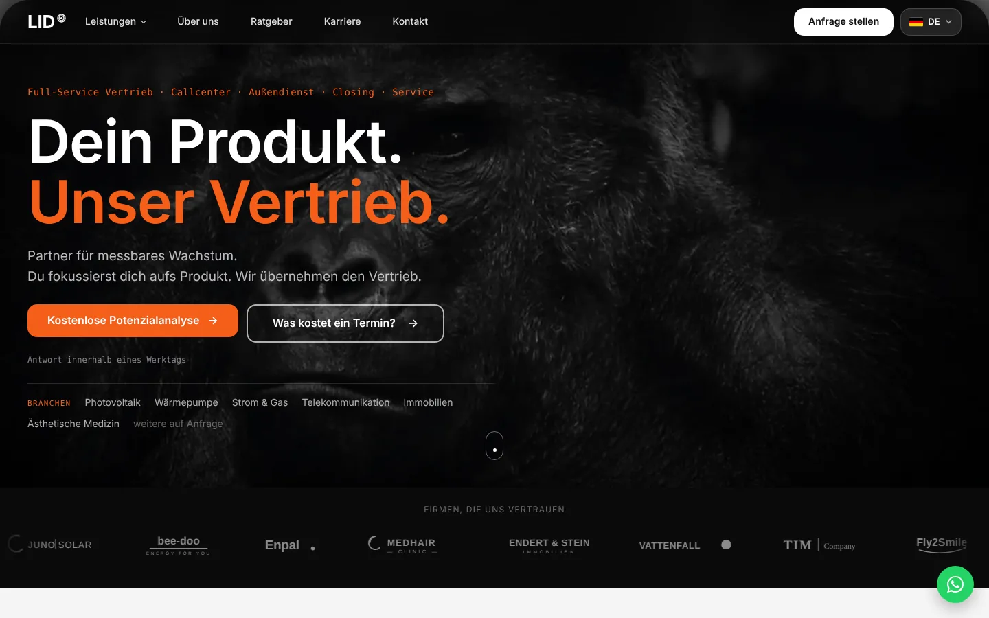 Startseite der LID Group: Dein Produkt. Unser Vertrieb. Schwarz mit orangefarbener Überschrift und zwei Knöpfen