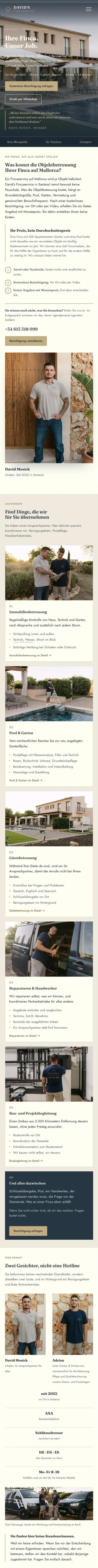 Die Startseite von Davids Fincaservice am Handy, von oben bis unten