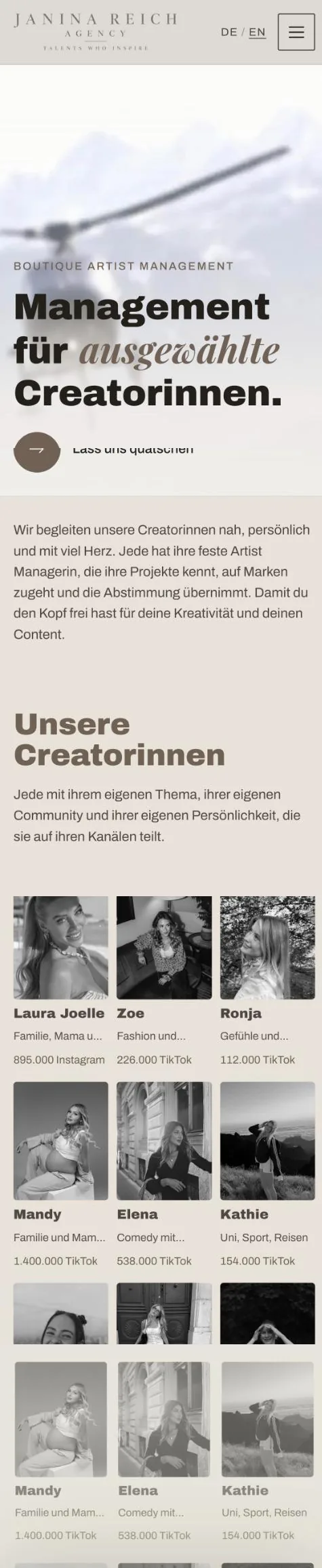 Startseite der Janina Reich Agency auf dem Handy